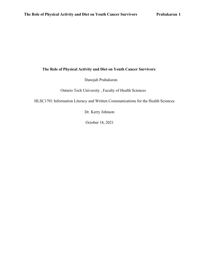 Youth Cancer Survivors - The Role of Physical Activity and Diet