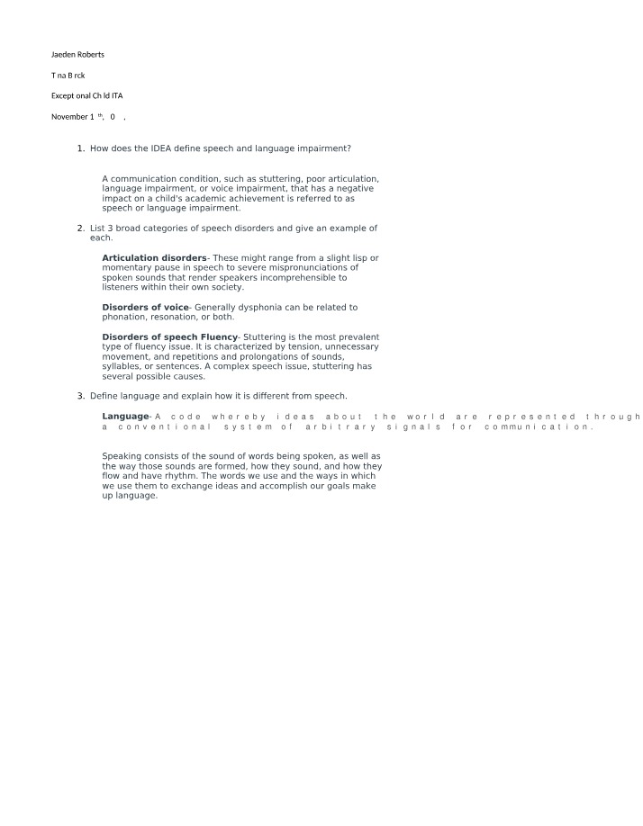 Definitions of Speech and Language Impairment