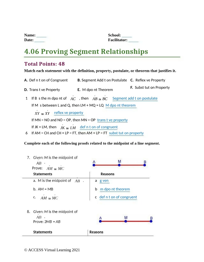 Proving Segment Relationships - Definitions and Properties