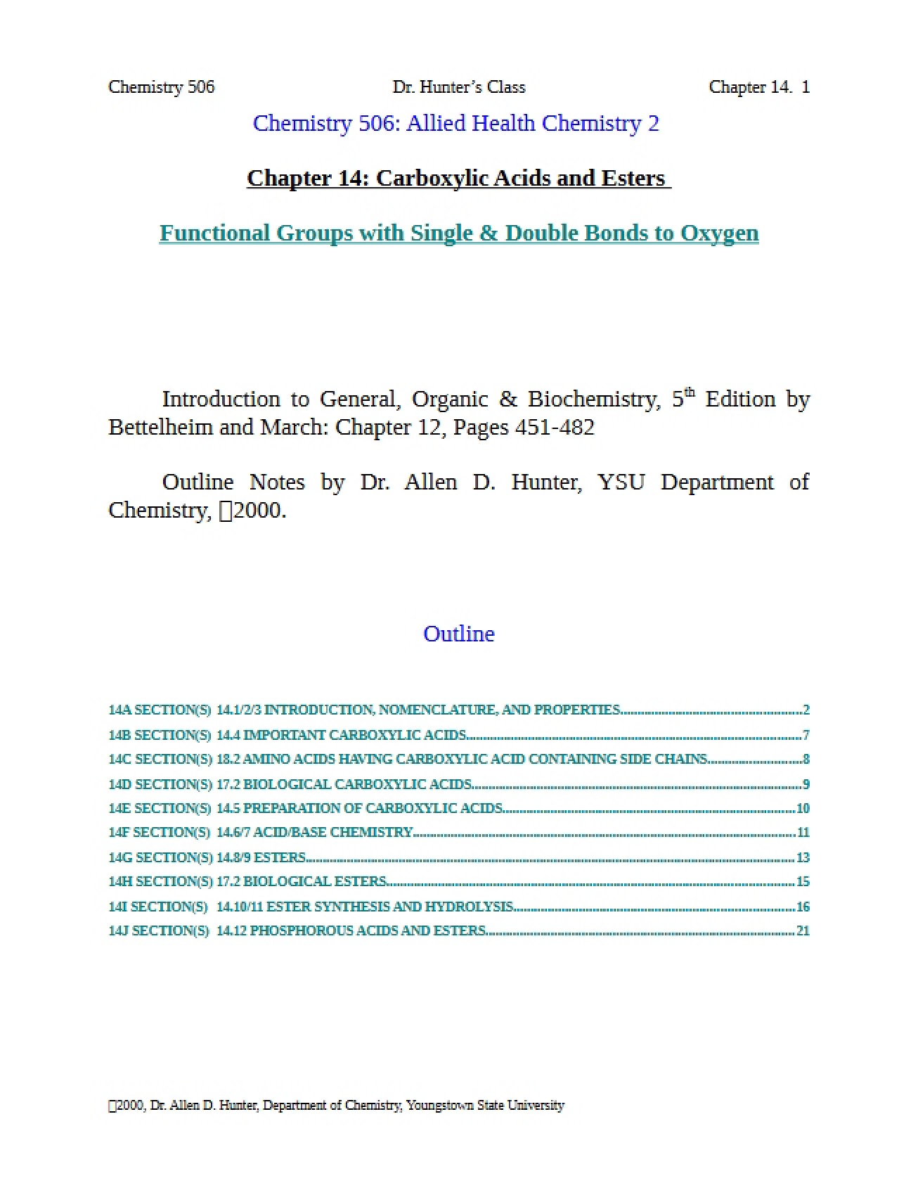Esters and Carboxylic Acids (Chapter 14)