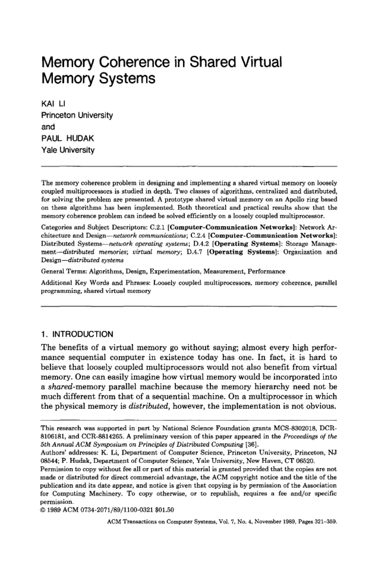 Shared Virtual Memory Systems Memory Coherence