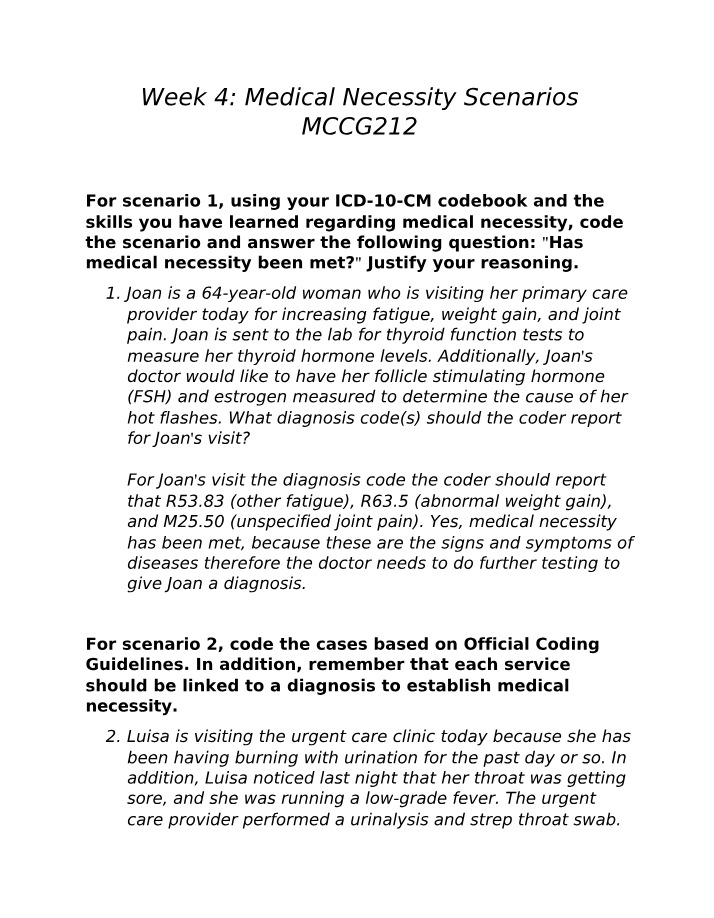 Medical Necessity Scenarios for Symptoms and Diagnoses Coding