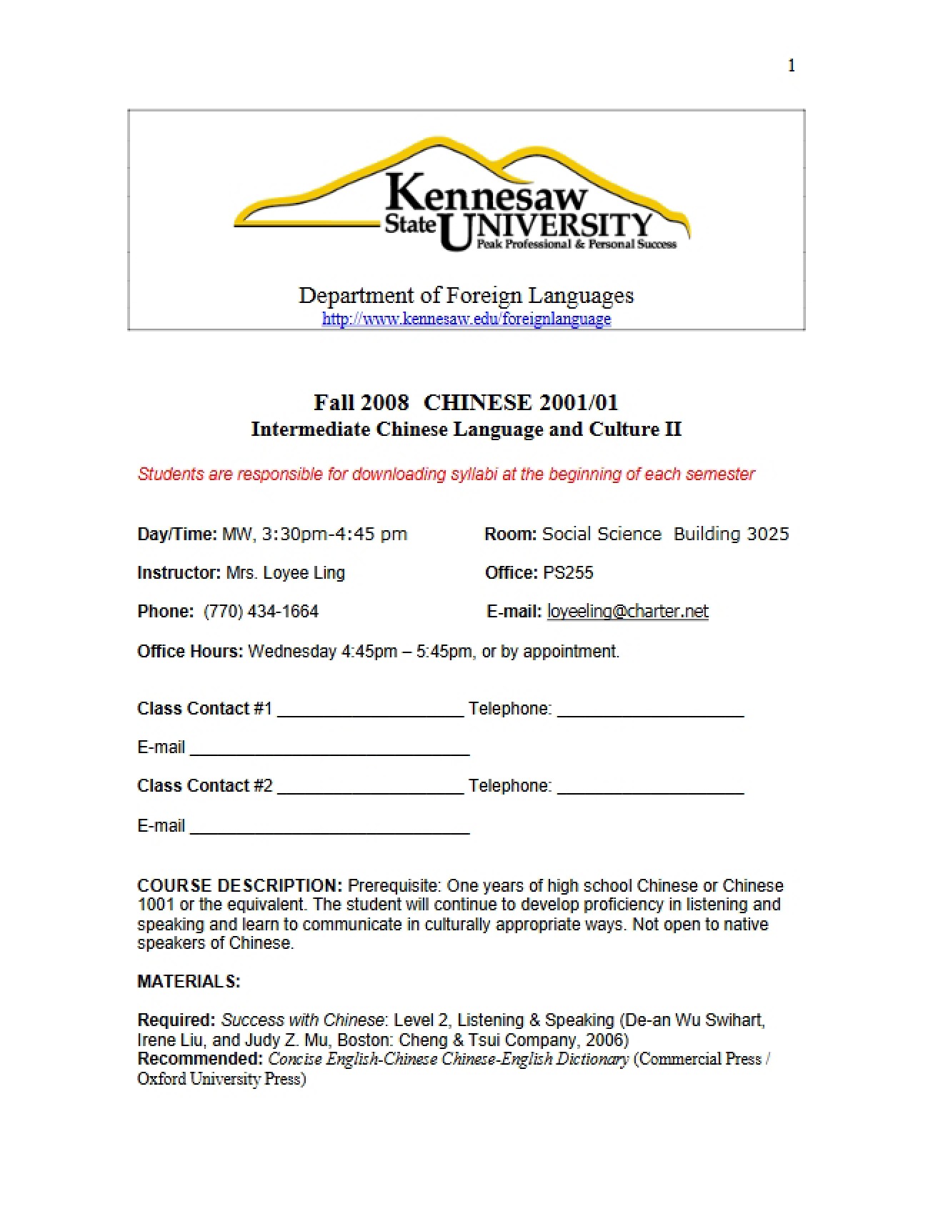 General Syllabus for a Course on Intermediate Chinese Language and Culture I