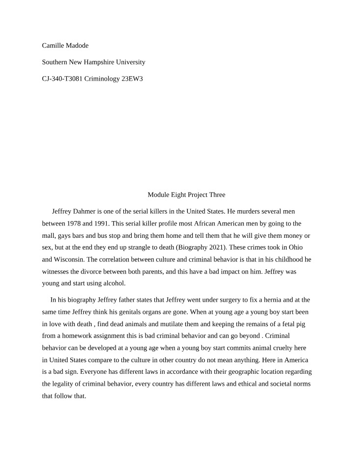 Jeffrey Dahmer Essay - CJ 340 Module Eight Project Three