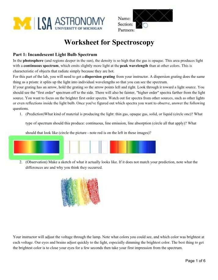 Worksheet on Spectroscopy