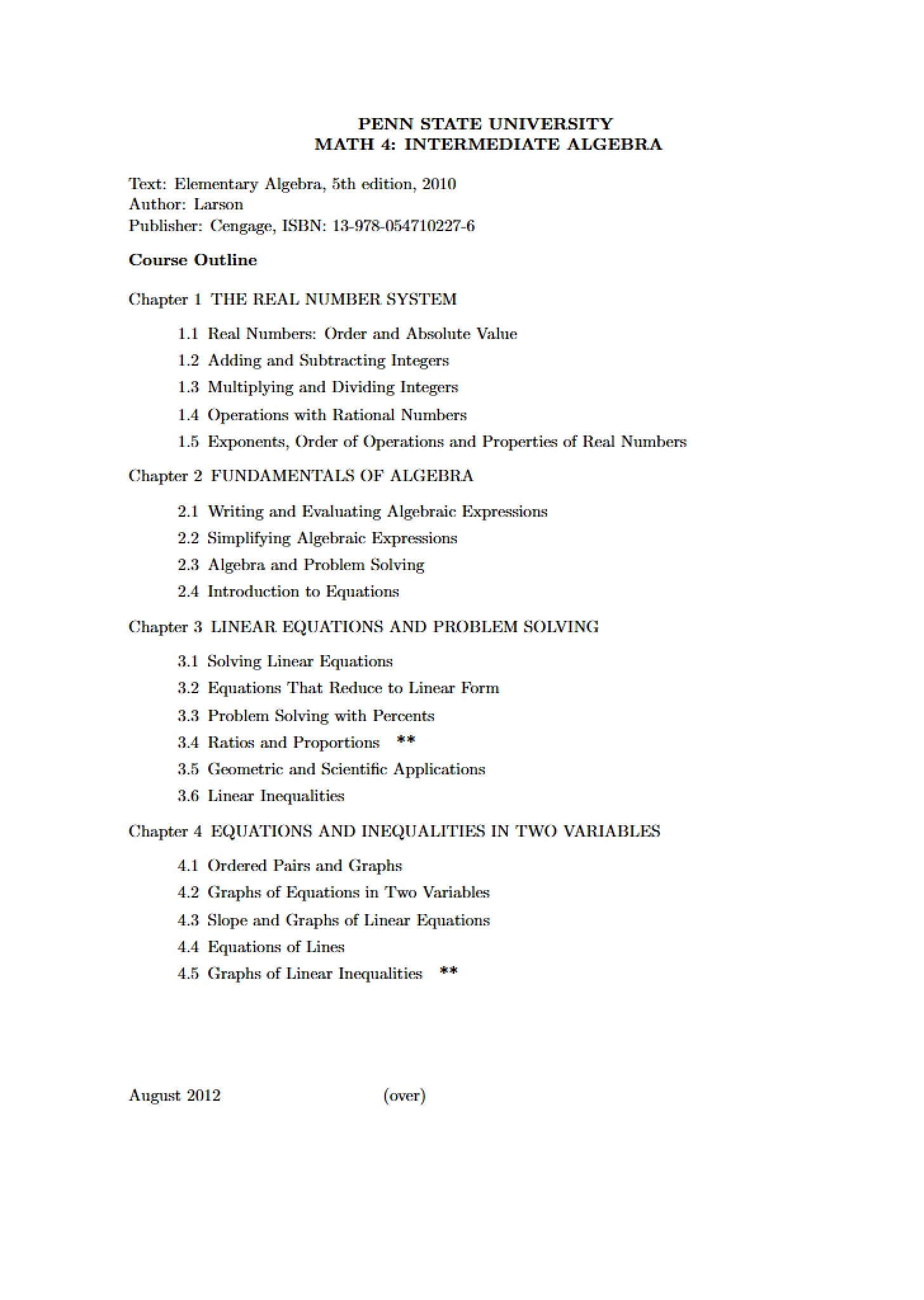 Algebra Intermediate Level