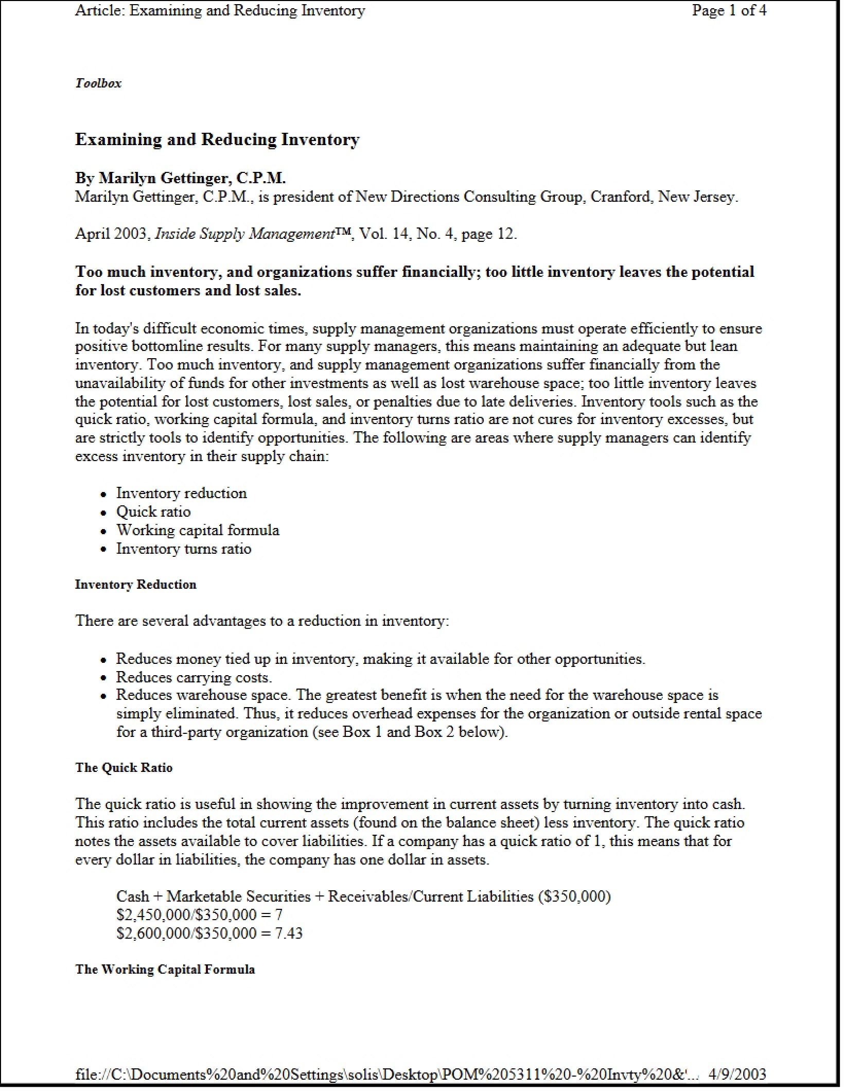 Inventory Reduction and Examination