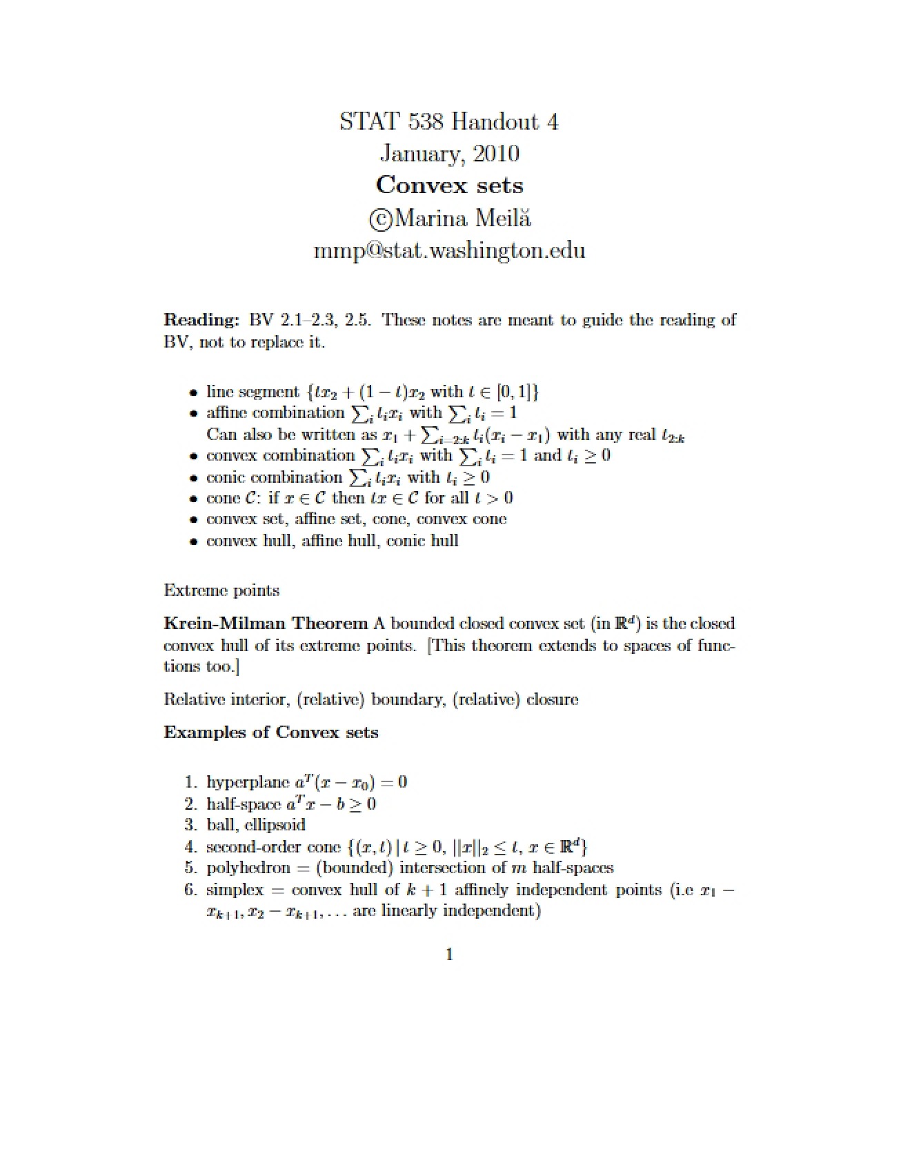 Handouts on Convex Sets