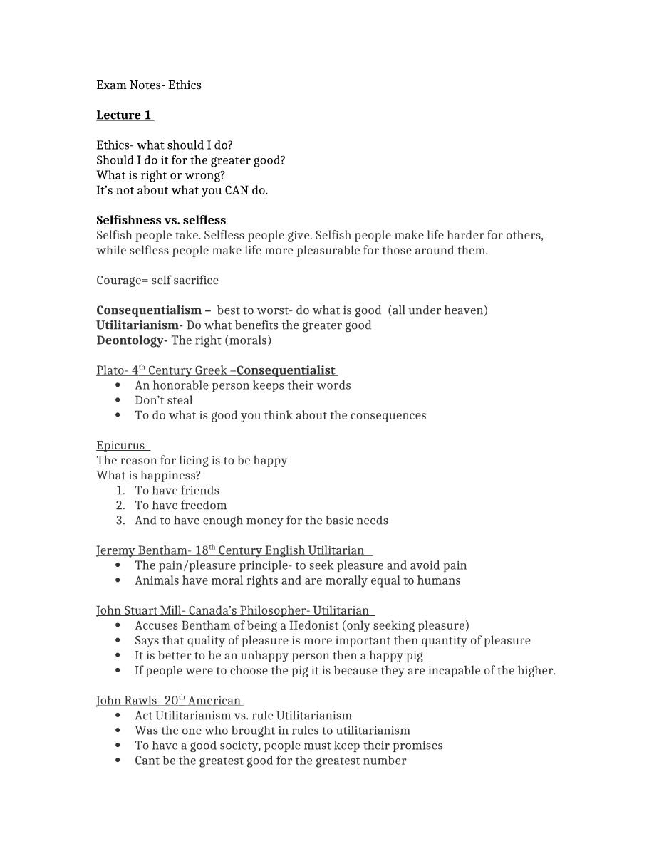 Exam Notes - Ethics Lectures 1-8