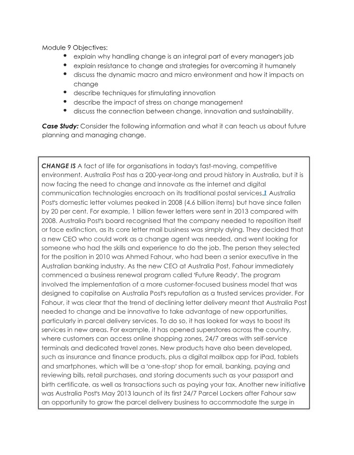 Lessons from Australia Post - Managing Change and Innovation