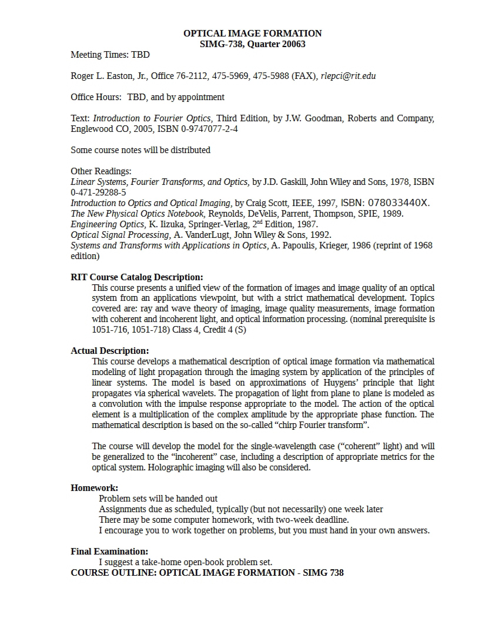 Optical Image Formation Syllabus