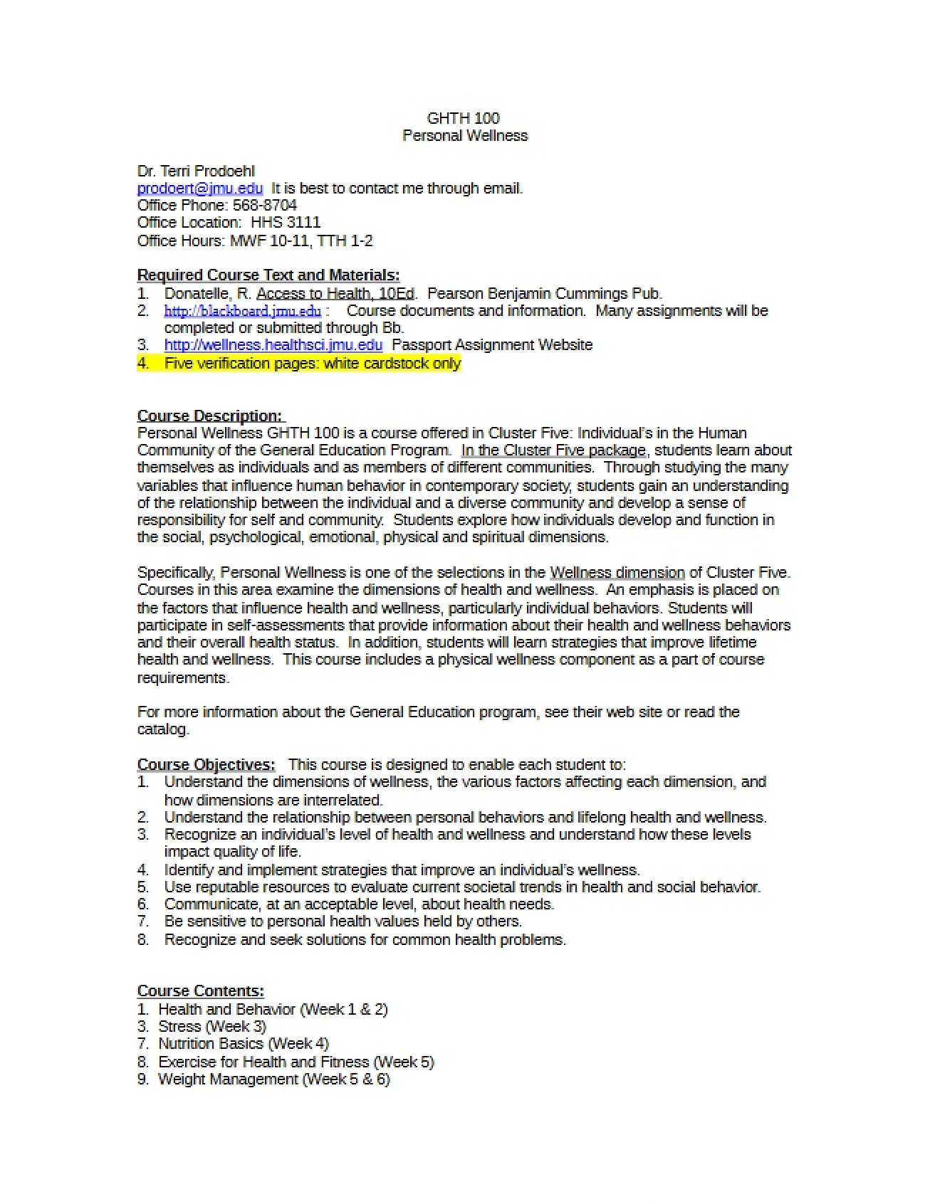 General Syllabus for Personal Wellness