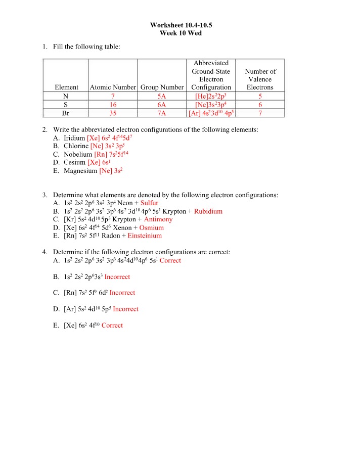 CHEM 1120C Worksheet 10.4-10.5