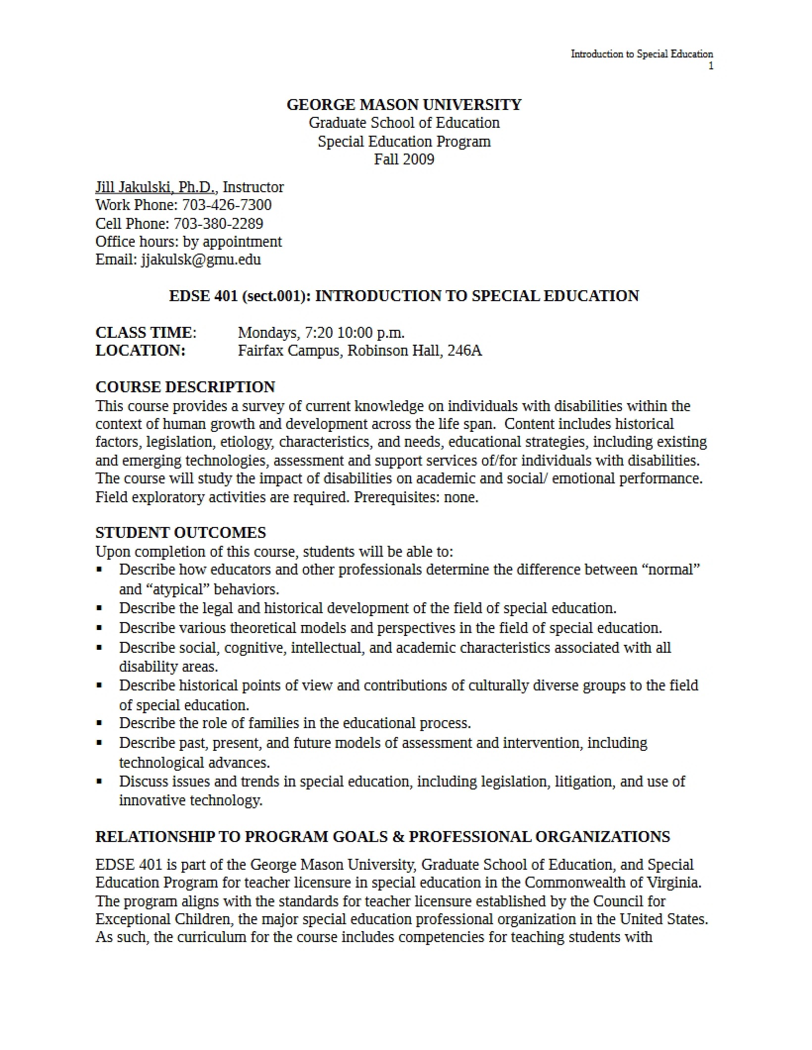 Syllabus for Introduction to Special Education