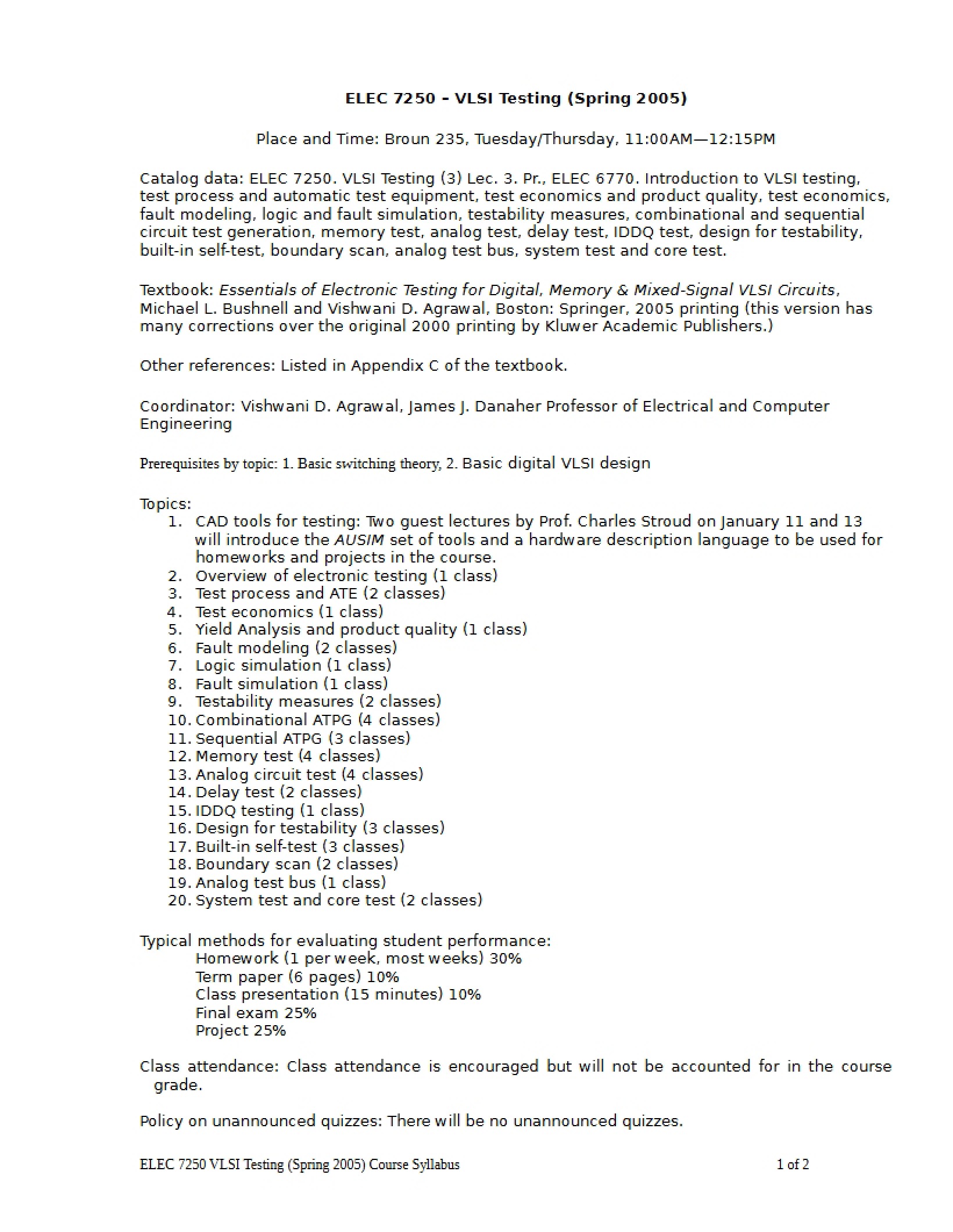 Course Syllabus VLSI Testing