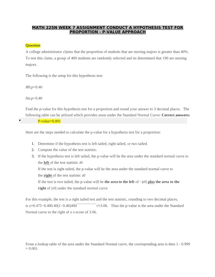 MATH 225N - Week 7 Assignment - Hypothesis Test for Proportion