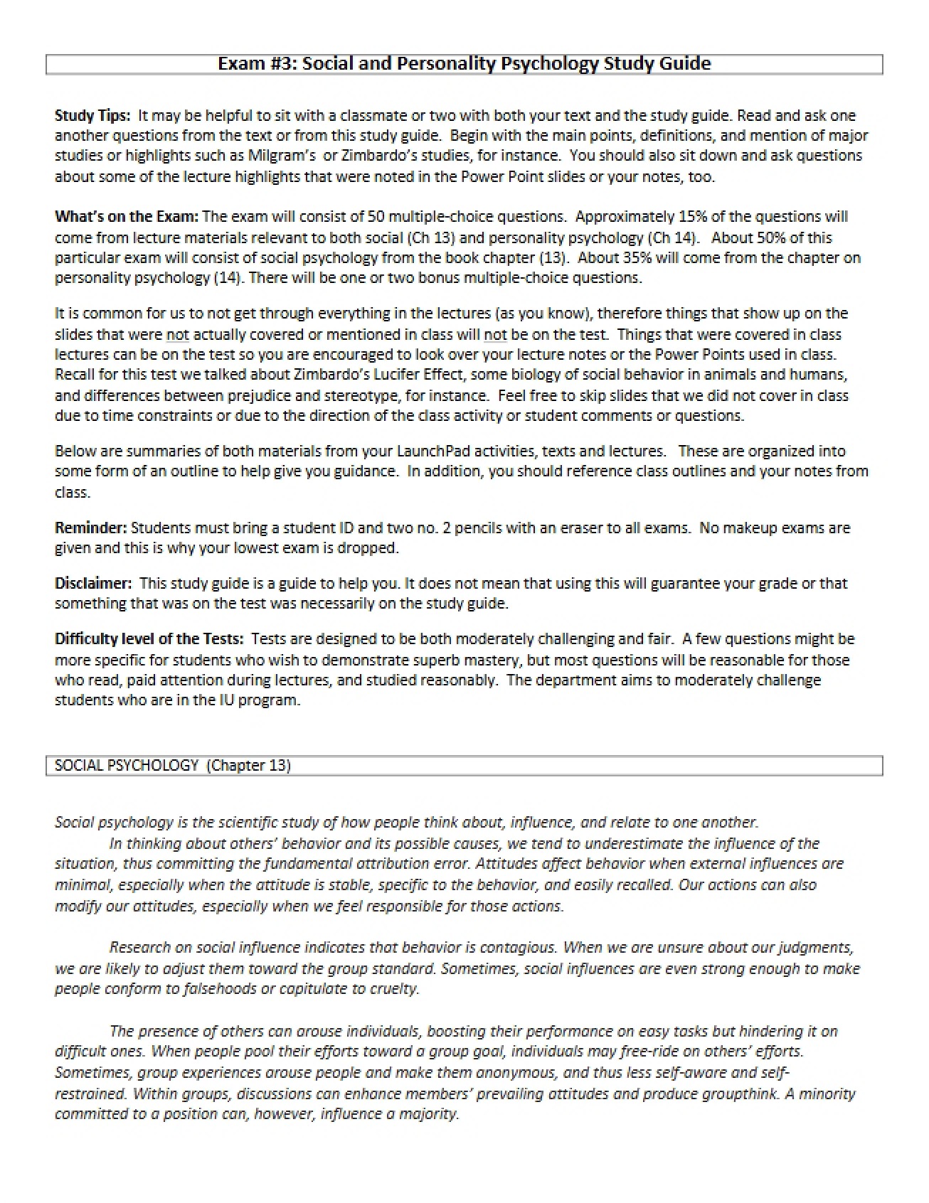 Study Guide for Exam 3 Social and Personality Psychology