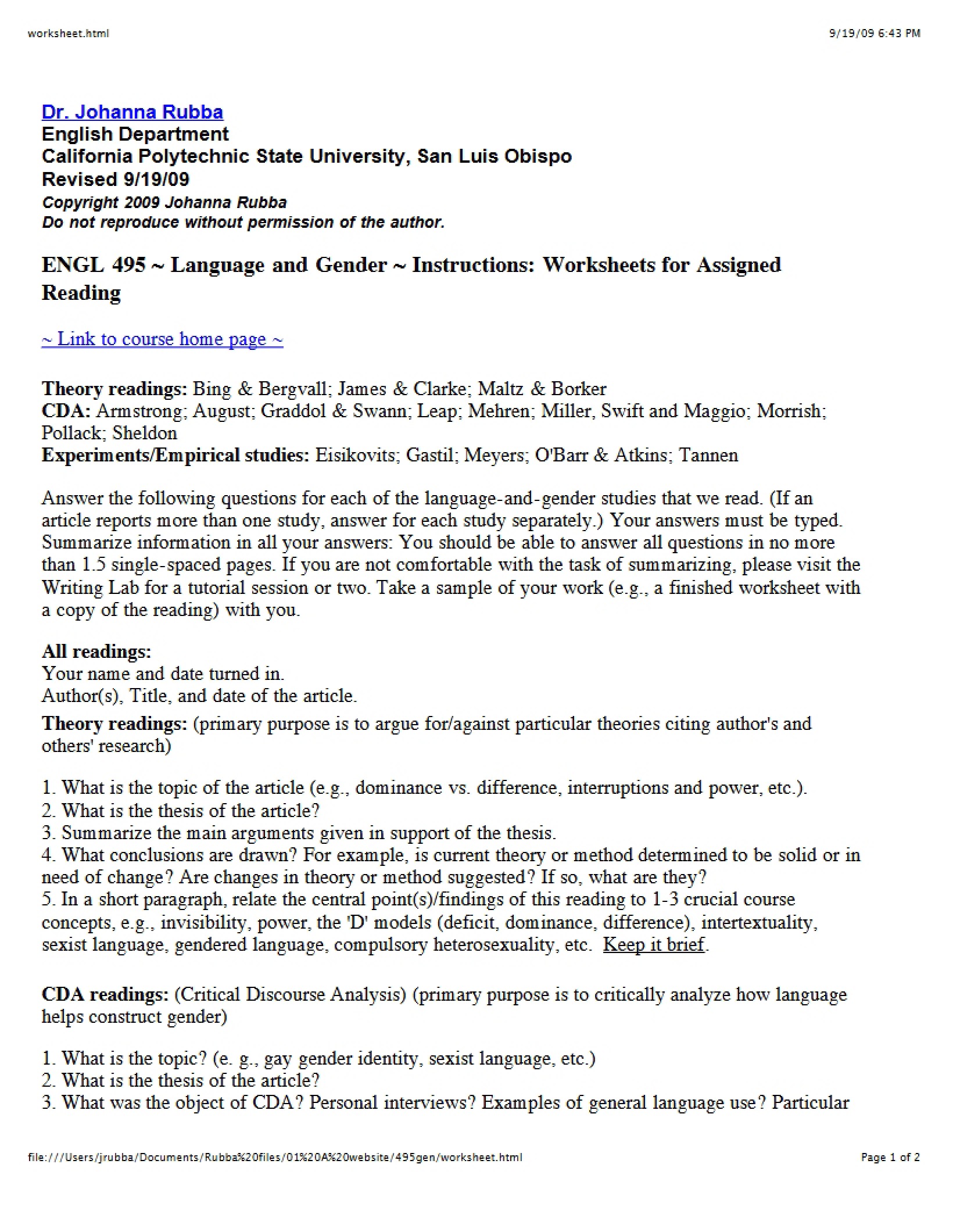 Worksheet for Applied Language Study