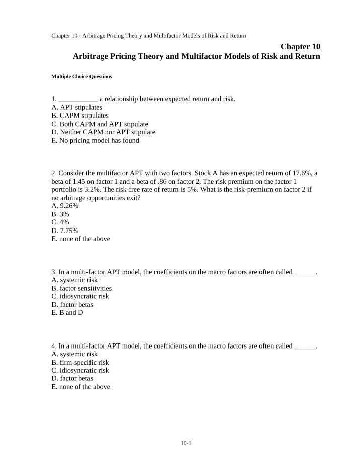 Arbitrage Pricing Theory and Multifactor Models of Risk and Return - Chapter 10