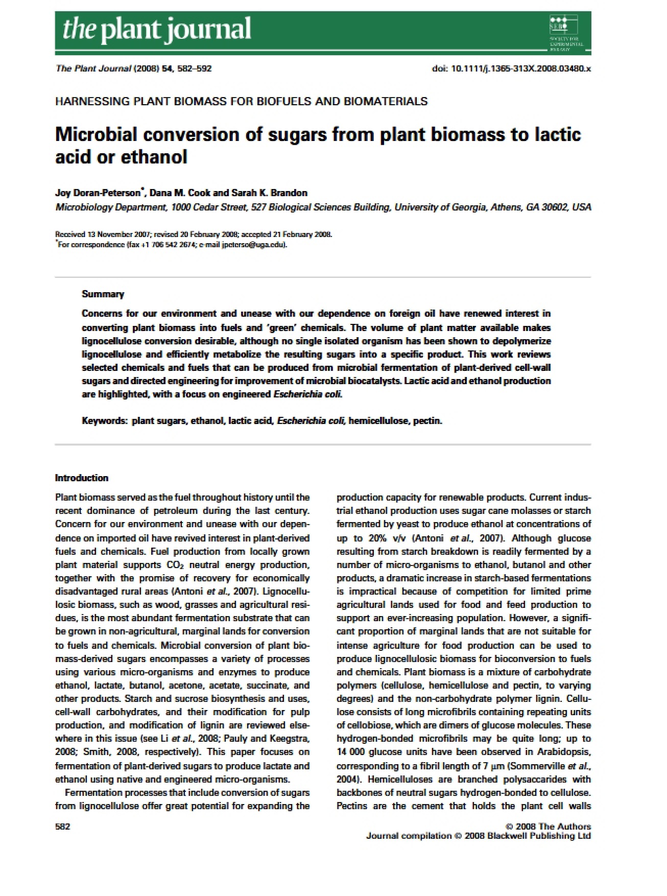 Microbial Conversion of Sugars from Plant Biomass to Lactic Acid or Ethanol - 11 Pages