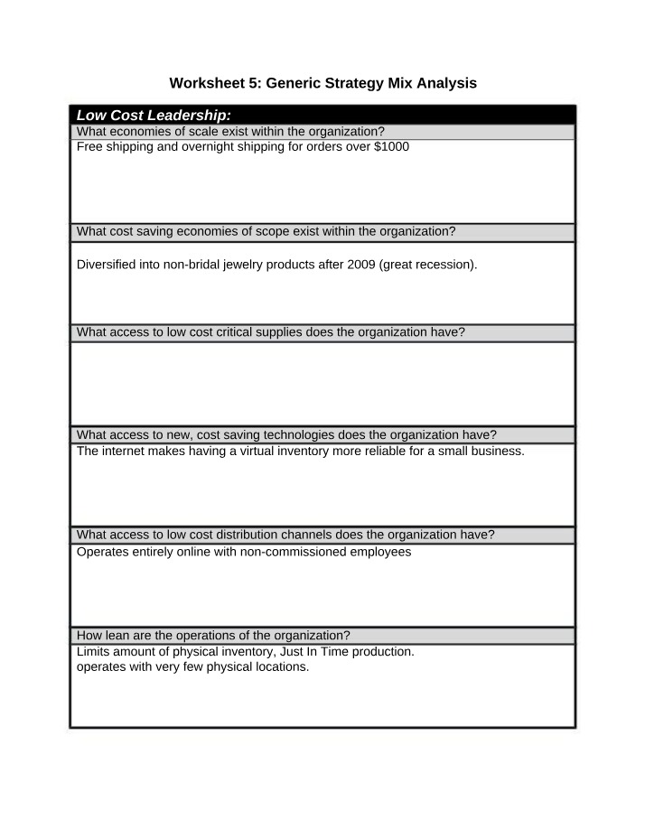 Worksheet for Generic Strategy Mix Analysis