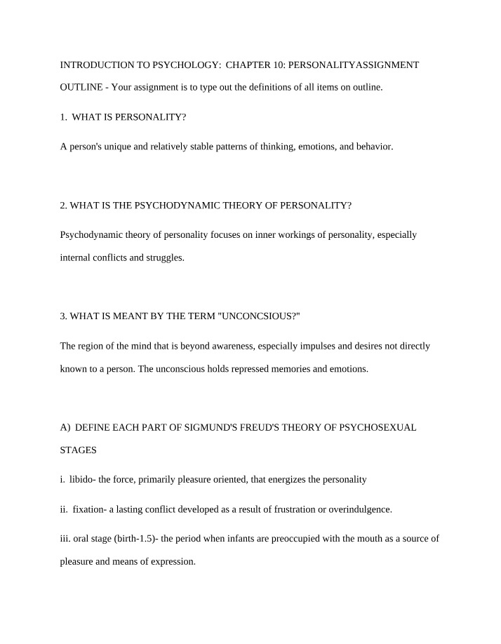 Outline for Personality Assignment