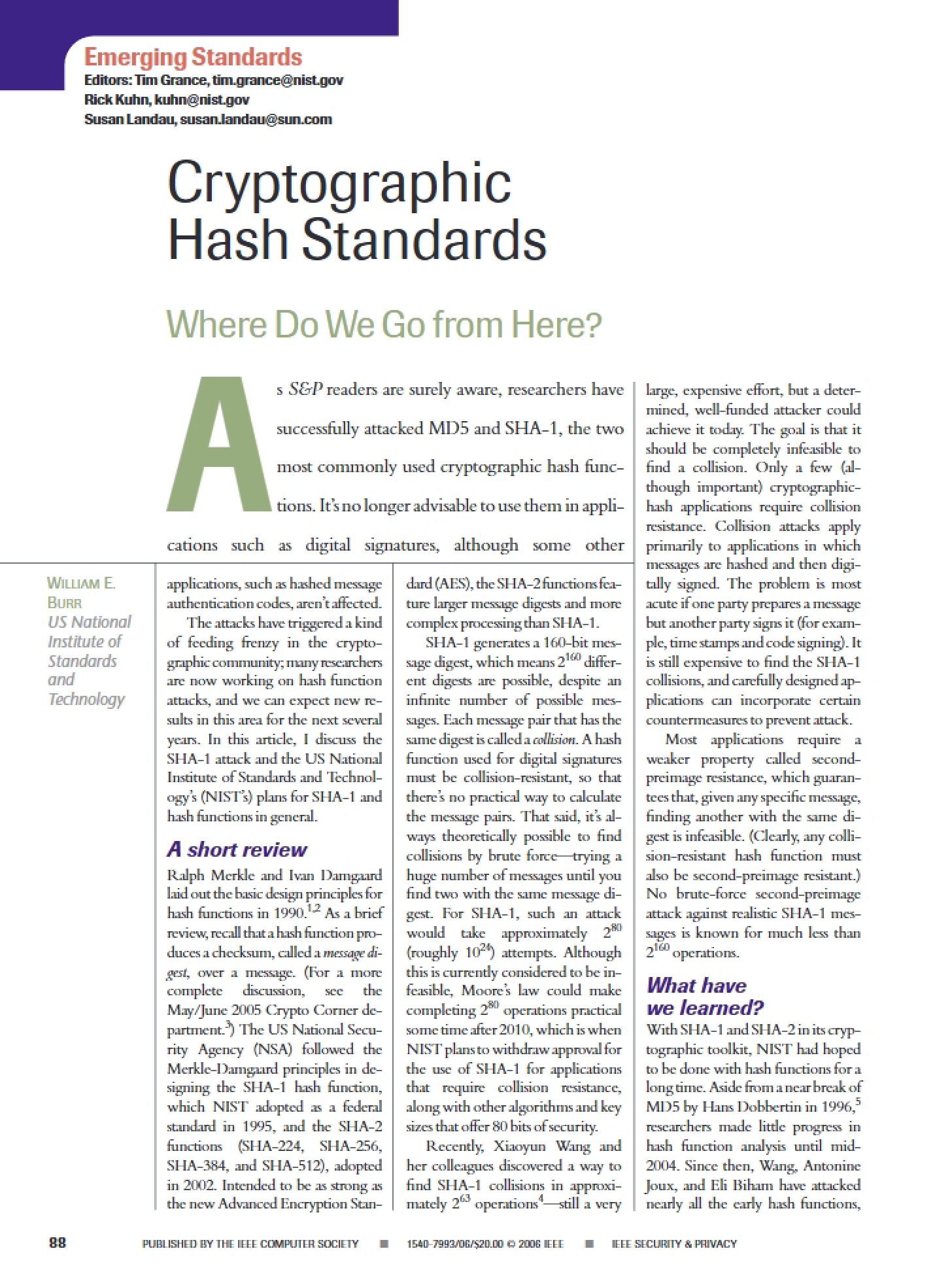 Standards for Cryptographic Hashing