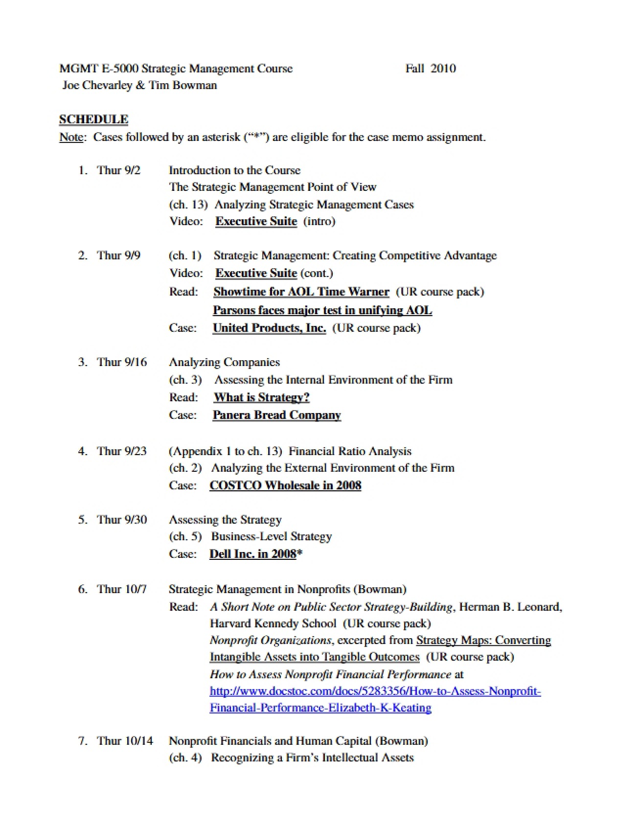 Strategic Management Fall 2010 Schedule