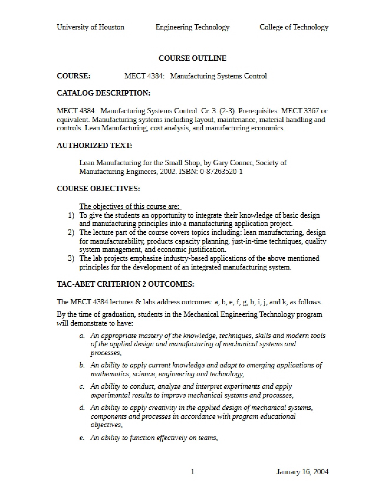 Mfg Systems Control Outline