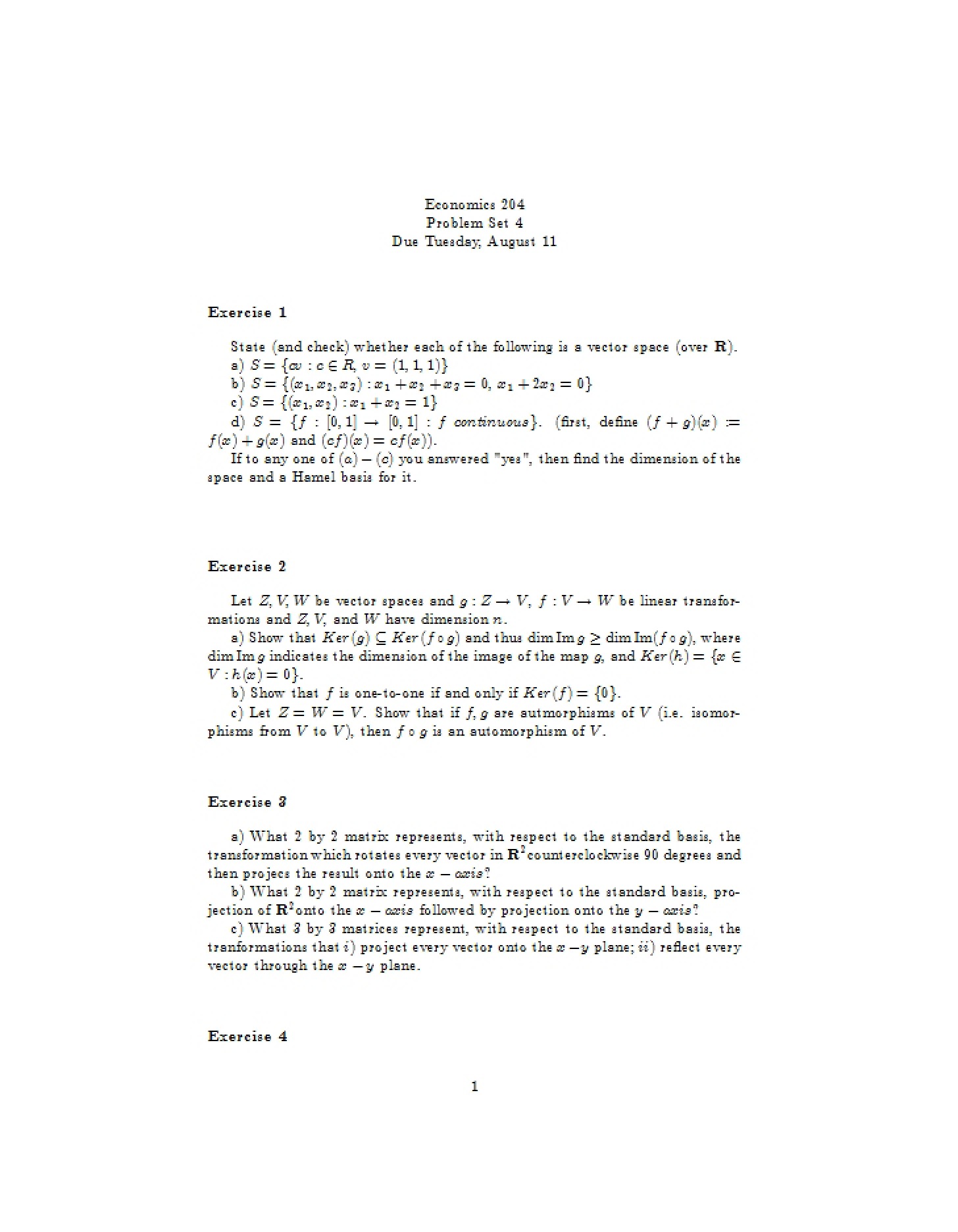 Problem Set 4 for Economics 204