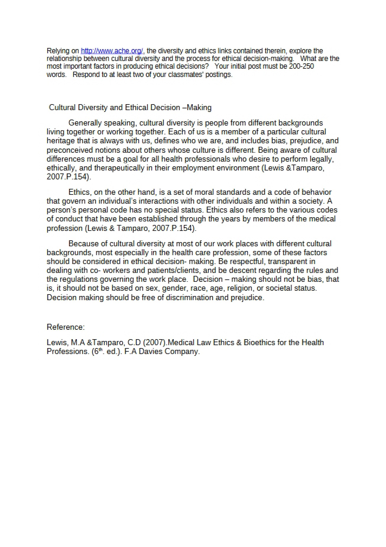 Ethical Decision Making and Cultural Diversity