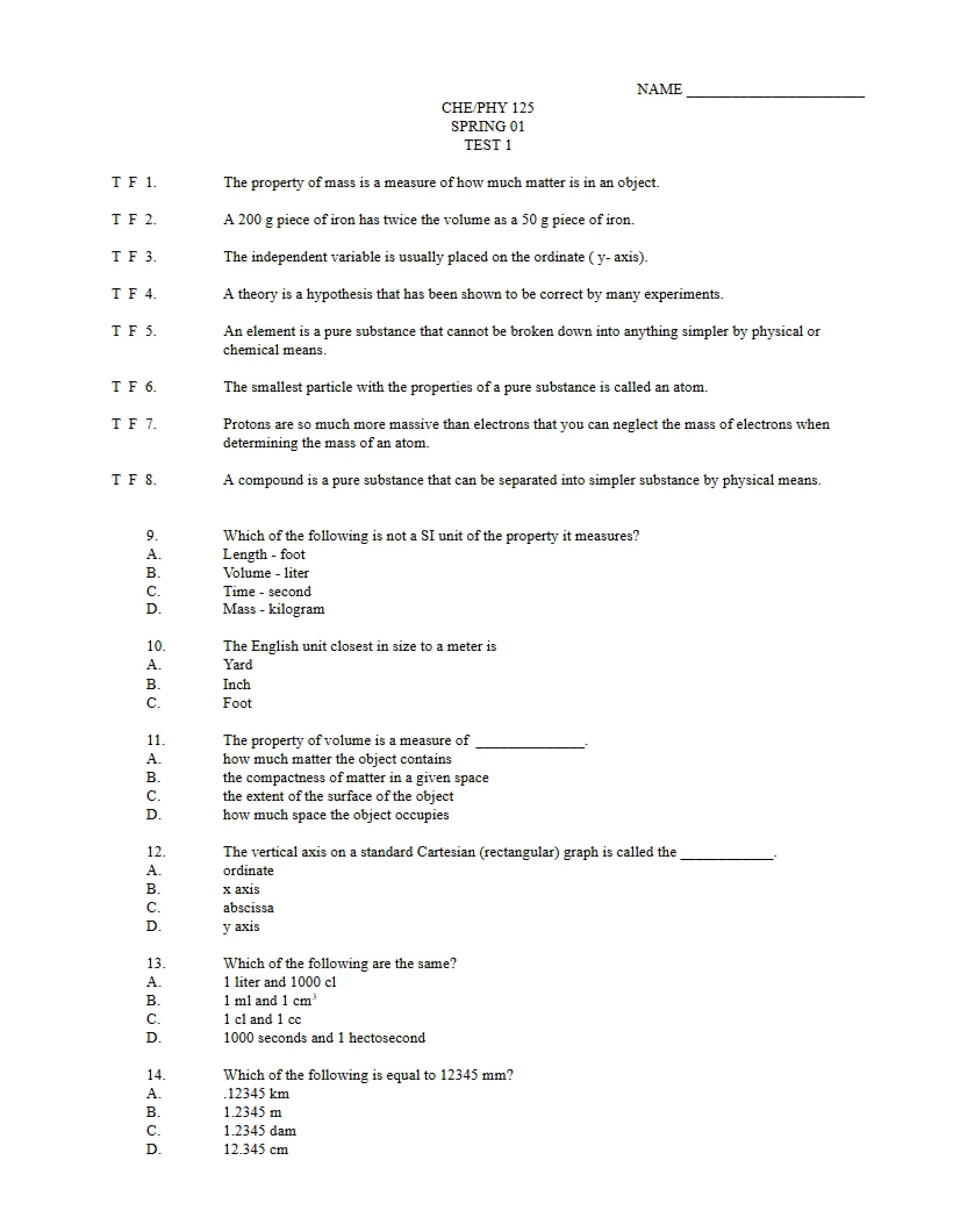 Physical Science Test One