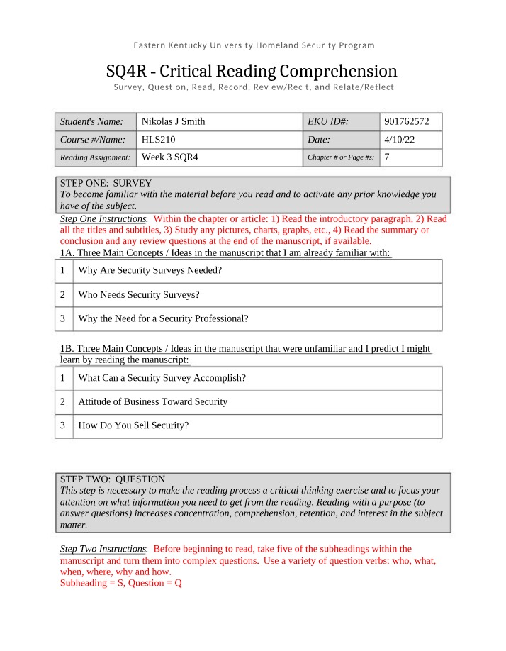 SQ4R Method - Critical Reading Comprehension Survey