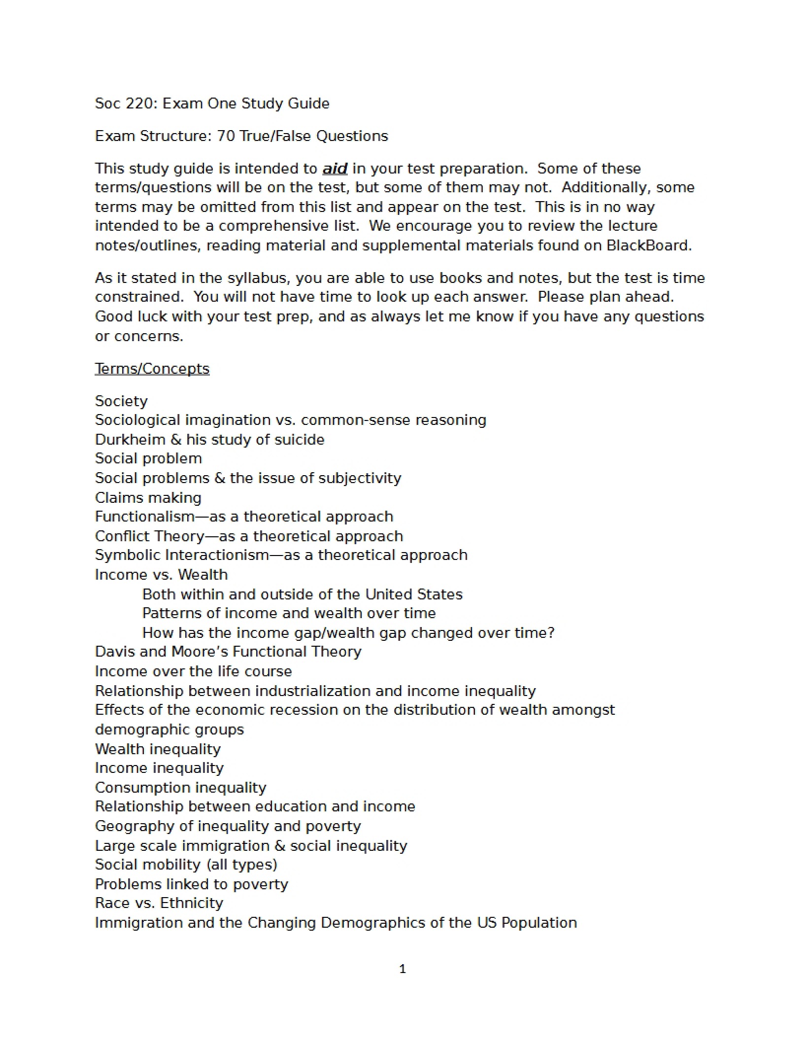 Study Guide for Exam One