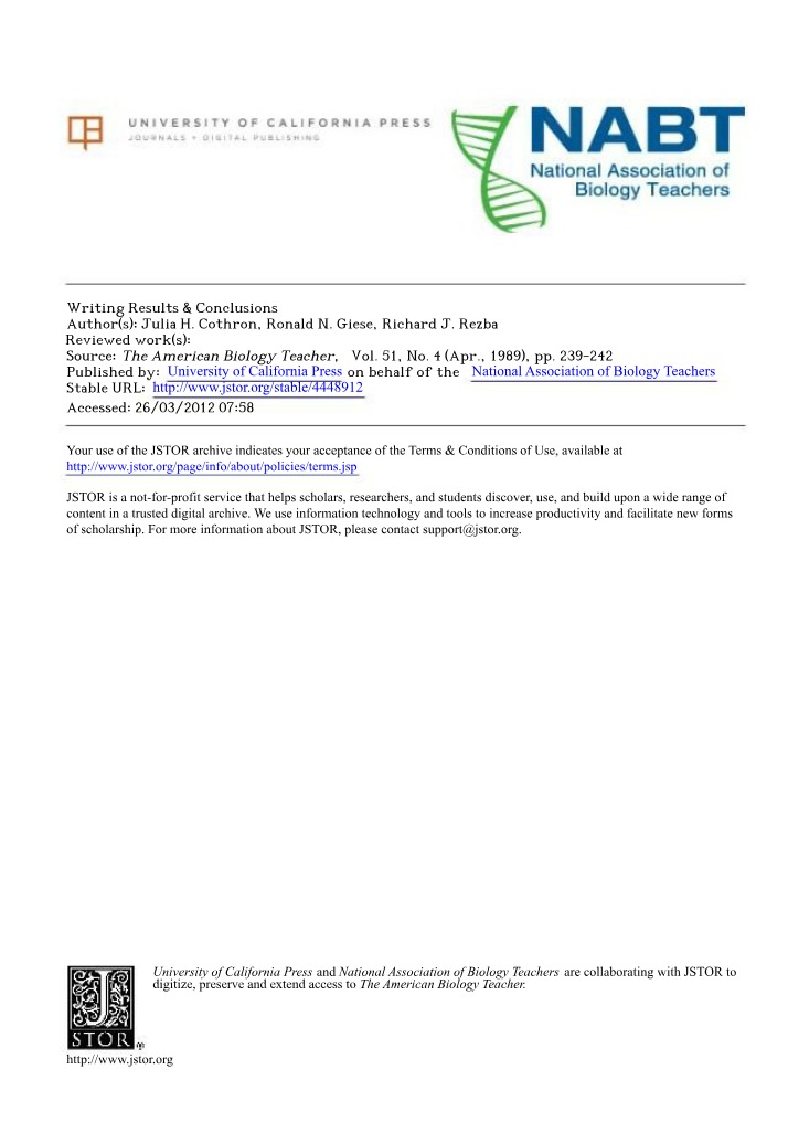 Writing Results and Conclusions - A Student Guide