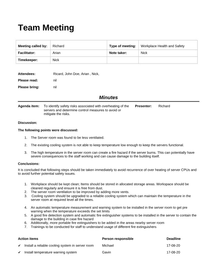 Workplace Safety and Overheating Risks - Team Meeting Minutes
