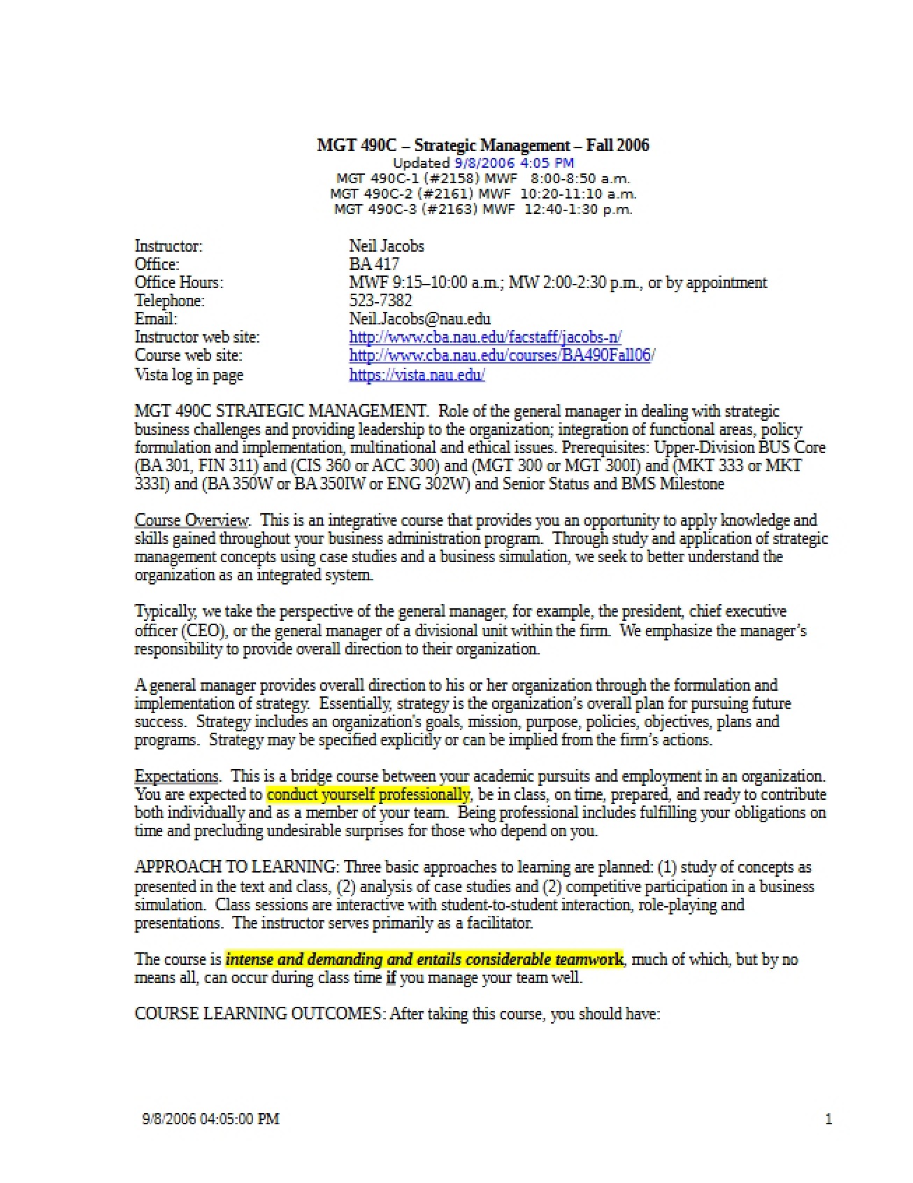 Strategic Management Syllabus