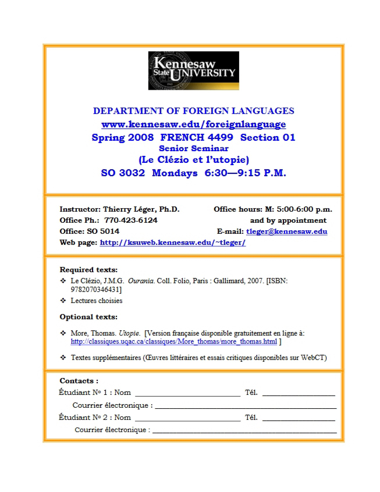 Course Outline for French Senior Seminar - Senior Seminar
