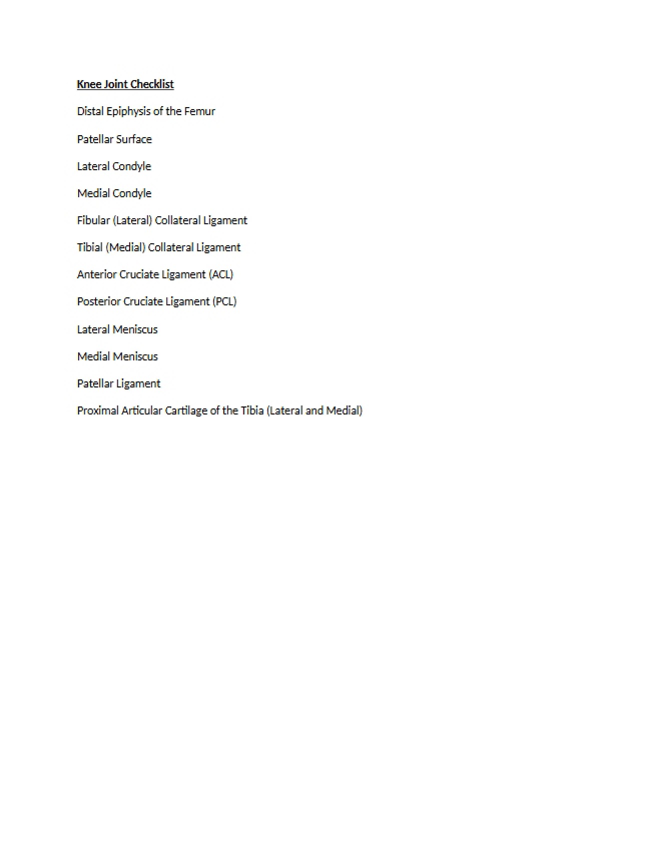 Checklist for Knee Joint