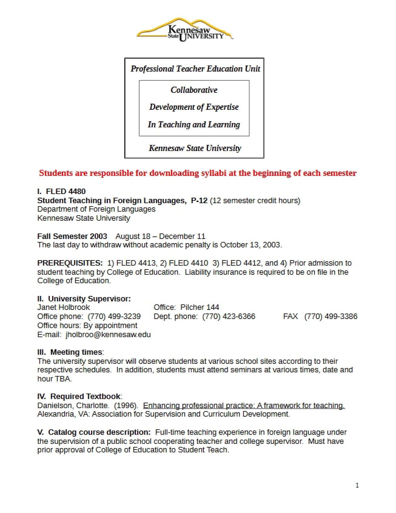 Syllabus for P-12 Foreign Language Student Teaching