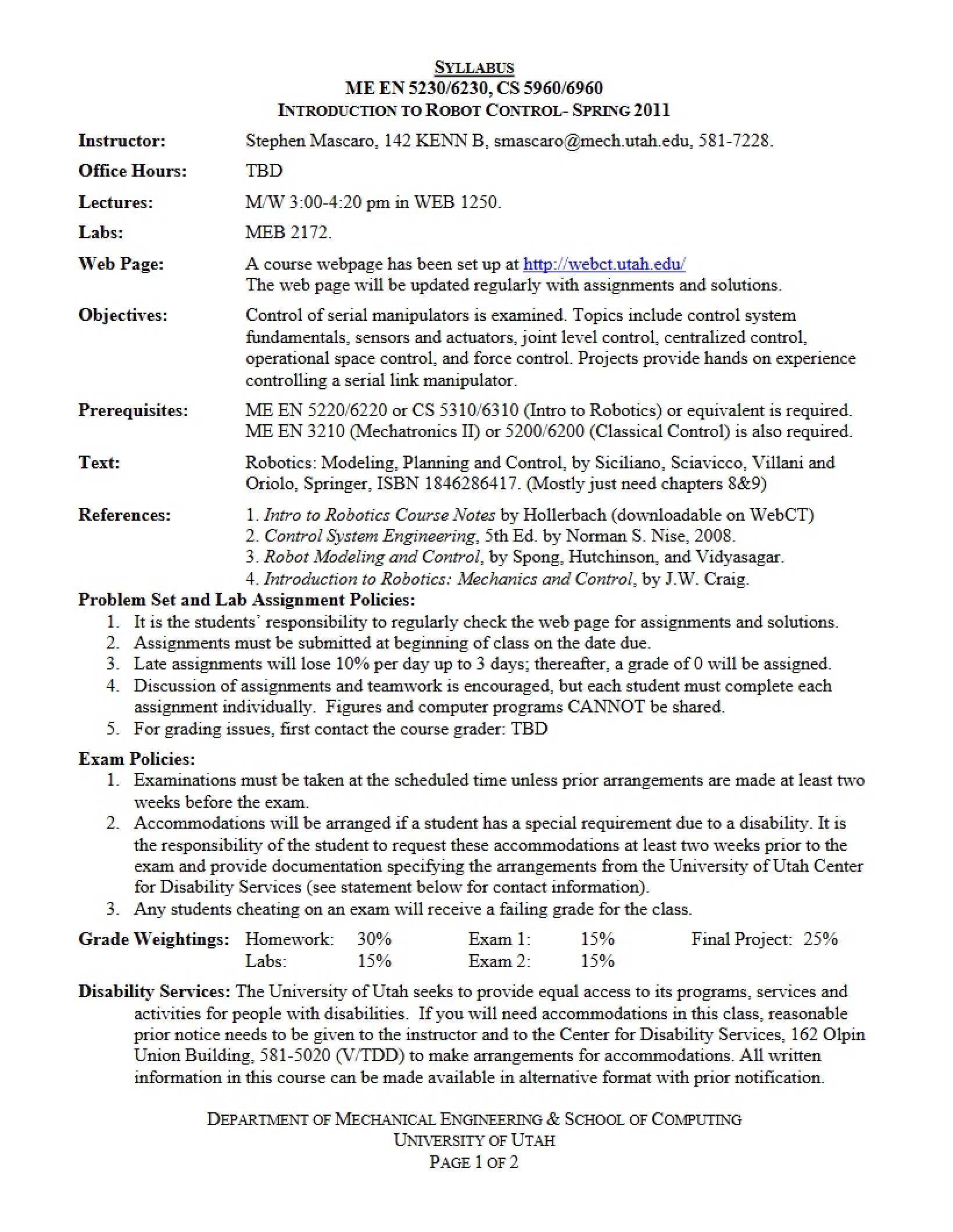 Syllabus for Robot Control Course