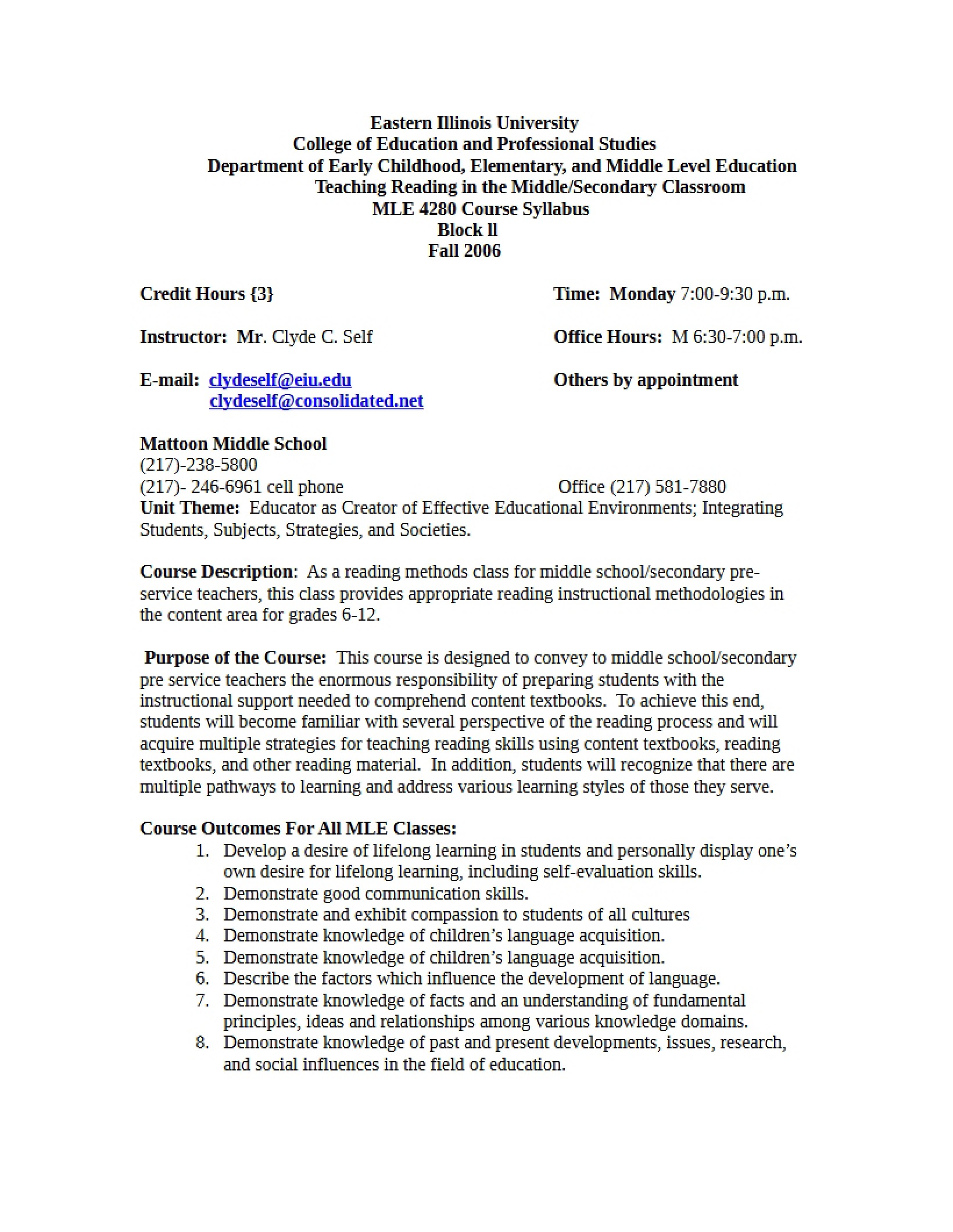 Content Area Reading Class Outline