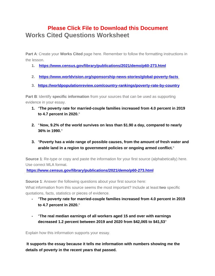 Works Cited Worksheet - Questions