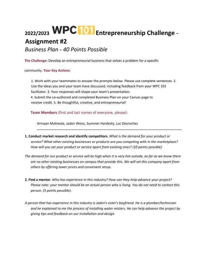 Business Plan for WPC 101 Entrepreneurship Challenge