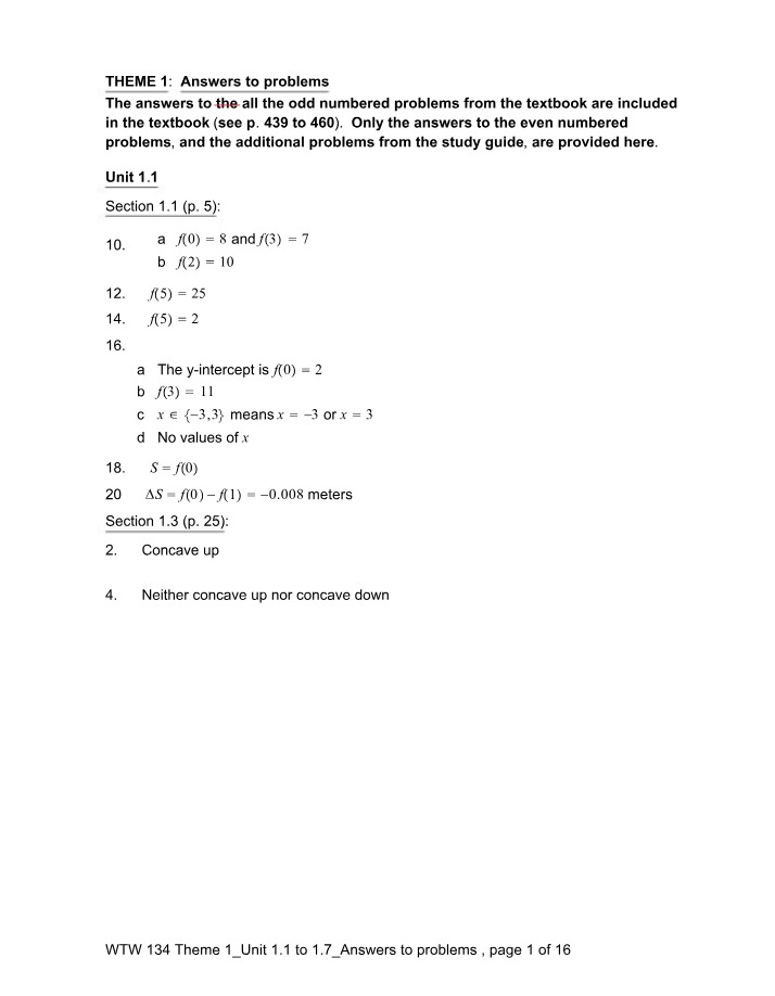 WTW 134 Answers to Problems - Theme 1, Unit 1.1 to 1.7