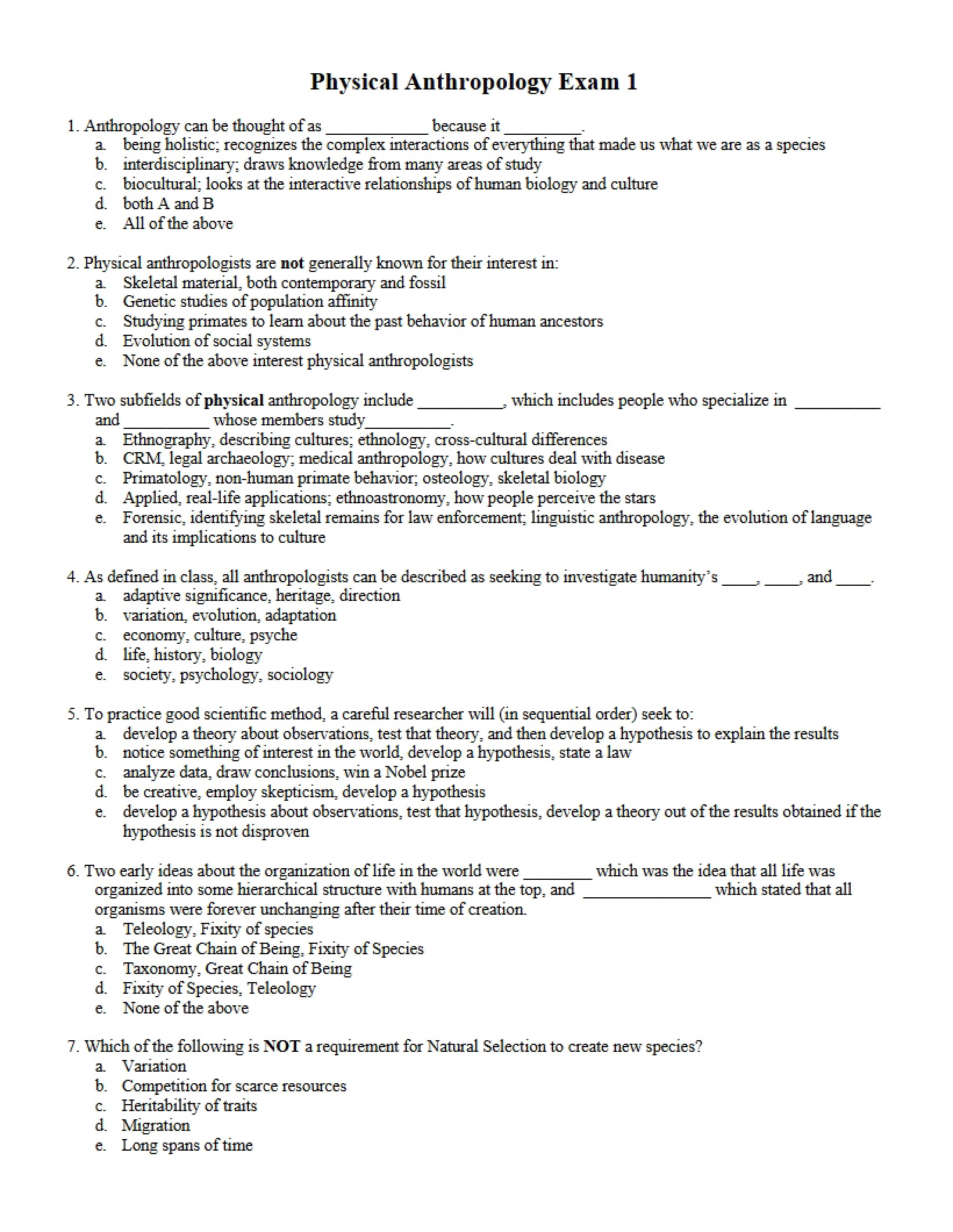 Exam One Physical Anthropology