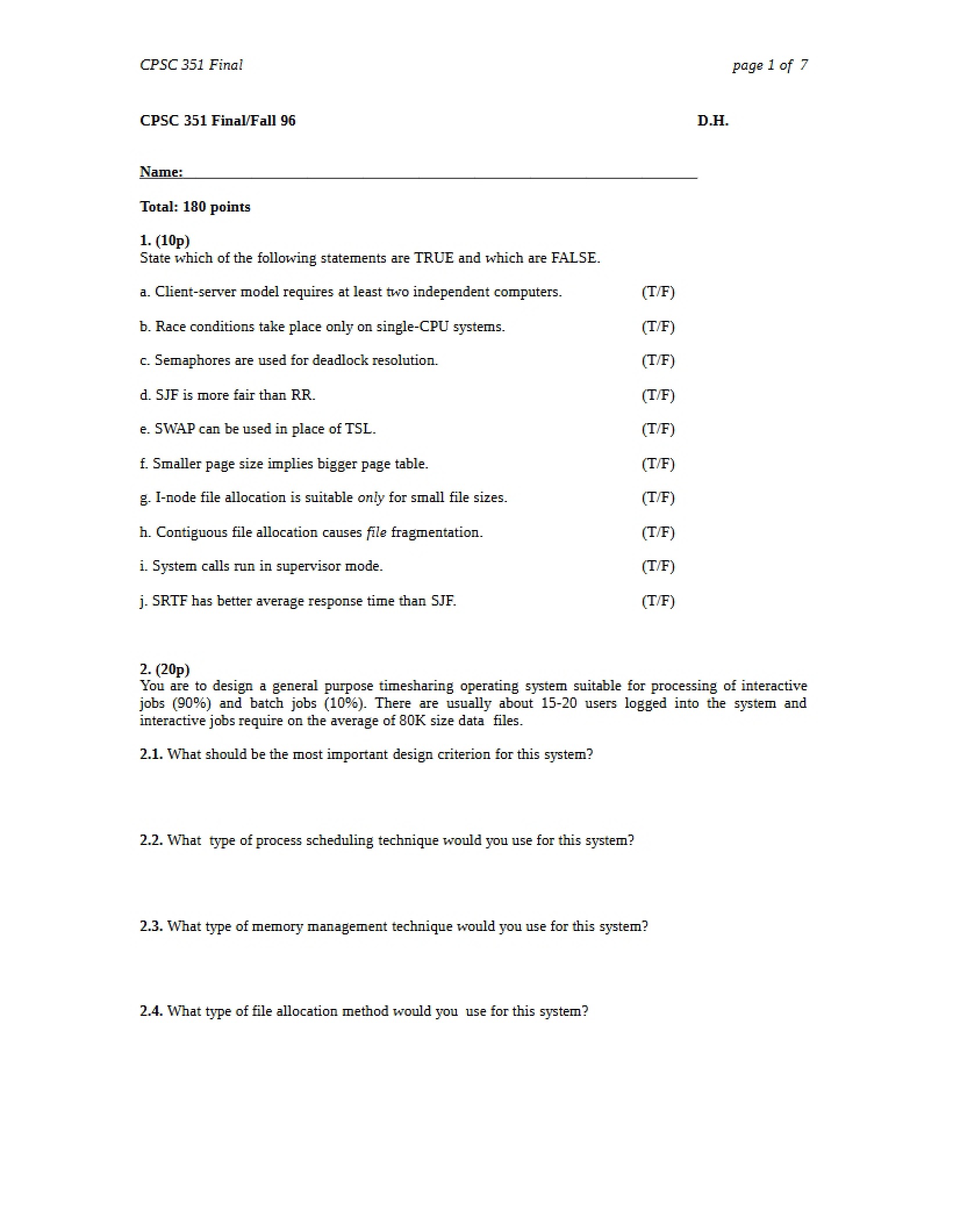 Final Exam for Operating Systems