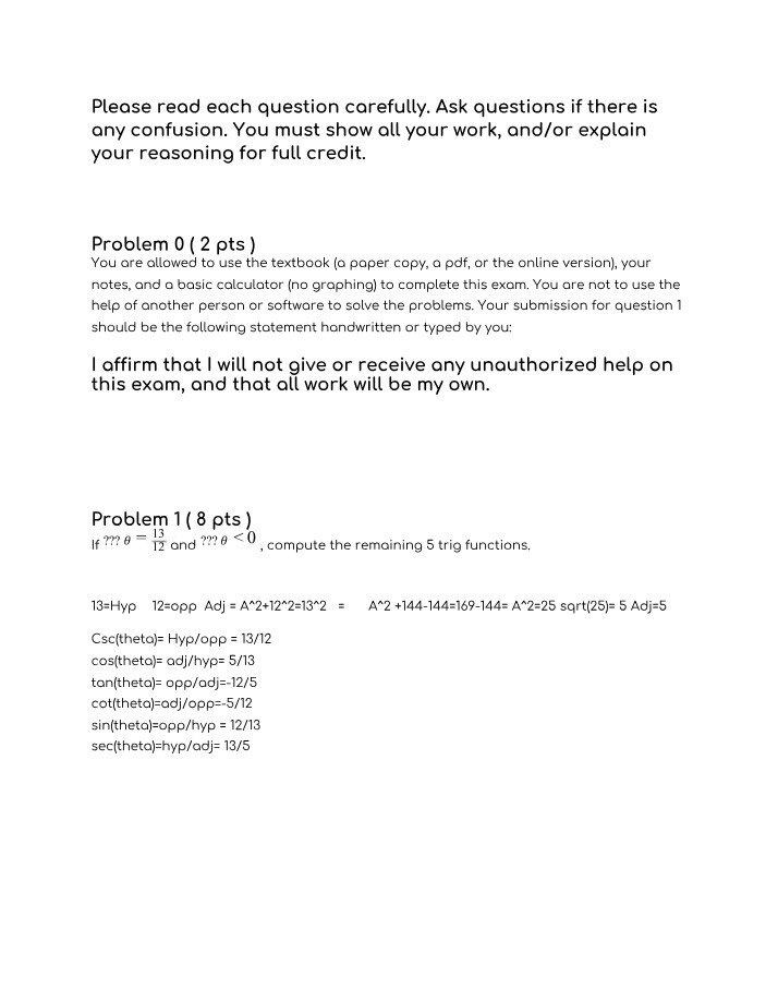 Precalculus I - Exam 1