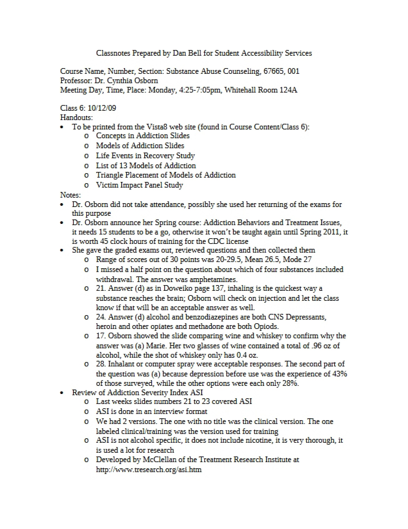 Class Notes Treatment Planning