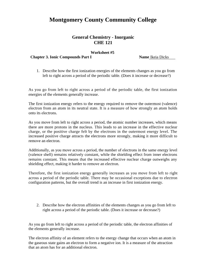 Worksheets for CHE 121 General Chemistry Inorganic